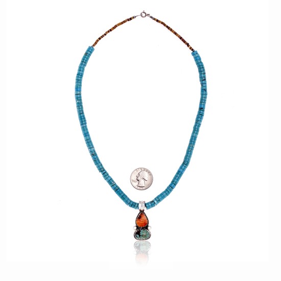 .925 Sterling Silver Certified Authentic Handmade Navajo Native American Natural Spiny Oyster Natural Turquoise Necklace and Pendant 370898778824