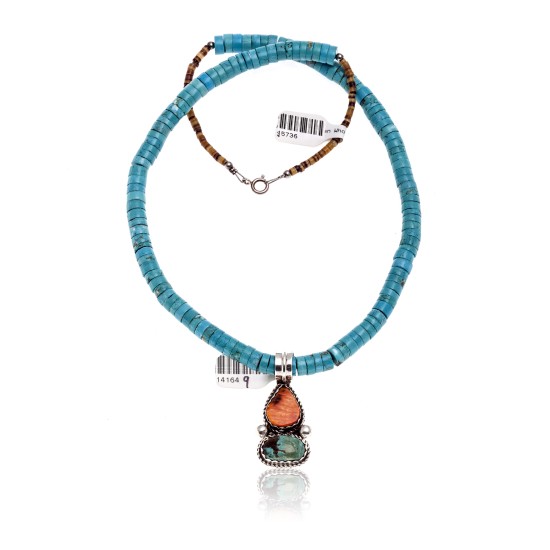 .925 Sterling Silver Certified Authentic Handmade Navajo Native American Natural Spiny Oyster Natural Turquoise Necklace and Pendant 370898778824