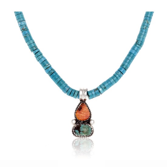 .925 Sterling Silver Certified Authentic Handmade Navajo Native American Natural Spiny Oyster Natural Turquoise Necklace and Pendant 370898778824