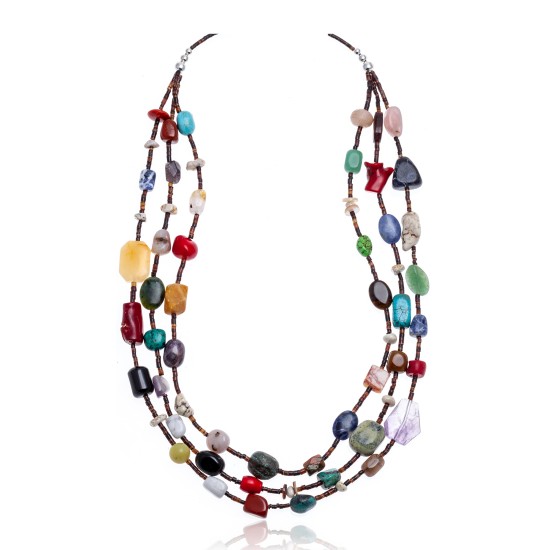 Natural Turquoise and Multicolor Stones .925 Sterling Silver Certified Authentic Navajo Native American 3 Strand Necklace 370979727327