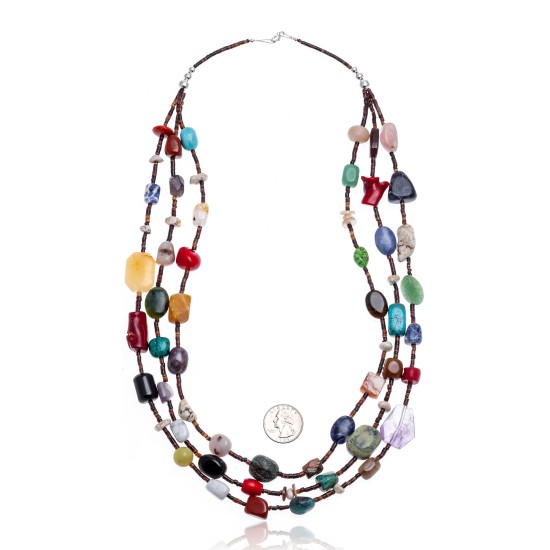 Natural Turquoise and Multicolor Stones .925 Sterling Silver Certified Authentic Navajo Native American 3 Strand Necklace 370979727327