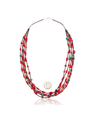 Natural Turquoise and Coral Certified Authentic Navajo .925 Sterling Silver Native American 5 Strand Necklace 370990894086