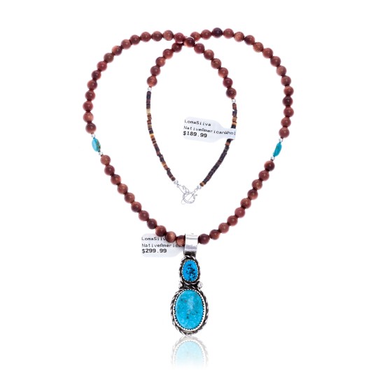 .925 Sterling Silver Certified Authentic Handmade Navajo Native American Natural Turquoise Gold Stone Necklace and Pendant 390616858880