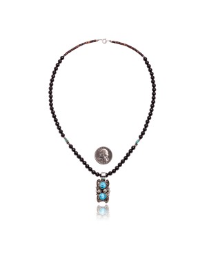 .925 Sterling Silver Certified Authentic Handmade Navajo Native American Natural Turquoise and Black Onyx Necklace & Pendant 390656330890