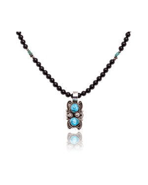 .925 Sterling Silver Certified Authentic Handmade Navajo Native American Natural Turquoise and Black Onyx Necklace & Pendant 390656330890