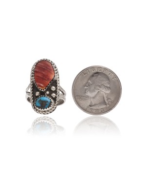 .925 Sterling Silver Certified Authentic Handmade Navajo Native American Natural Turquoise and Spiny Oyster Ring  390676393188