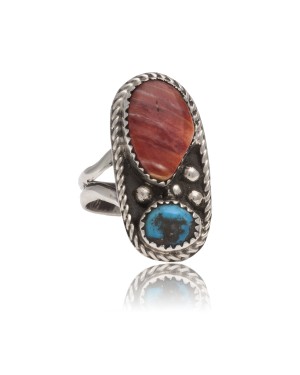 .925 Sterling Silver Certified Authentic Handmade Navajo Native American Natural Turquoise and Spiny Oyster Ring  390676393188