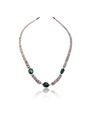 .925 Sterling Silver Certified Authentic Navajo Native American Graduated Grey Oyster Shell and Natural Turquoise Necklace 390678307297
