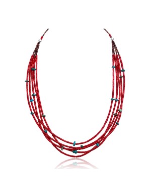 Natural Turquoise and Coral .925 Sterling Silver Certified Authentic Navajo Native American 5 Strand Necklace 390744496487