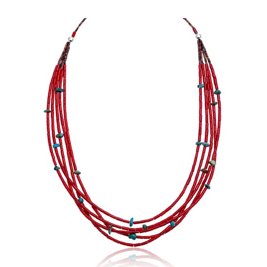 Natural Turquoise and Coral .925 Sterling Silver Certified Authentic Navajo Native American 5 Strand Necklace 390744496487
