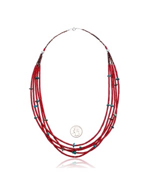 Natural Turquoise and Coral .925 Sterling Silver Certified Authentic Navajo Native American 5 Strand Necklace 390744496487