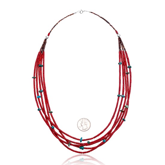 Natural Turquoise and Coral .925 Sterling Silver Certified Authentic Navajo Native American 5 Strand Necklace 390744496487