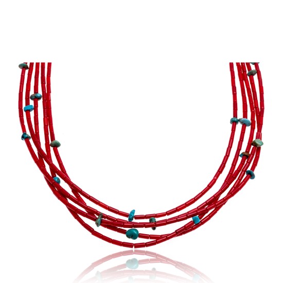 Natural Turquoise and Coral .925 Sterling Silver Certified Authentic Navajo Native American 5 Strand Necklace 390744496487