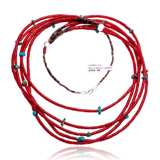 Natural Turquoise and Coral .925 Sterling Silver Certified Authentic Navajo Native American 5 Strand Necklace 390744496487