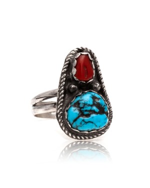 Natural Turquoise and Coral .925 Sterling Silver Certified Authentic Navajo Native American Handmade Ring  390747491802
