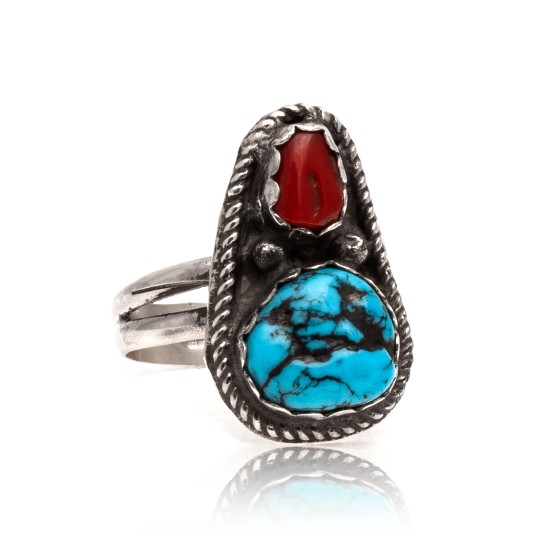 Natural Turquoise and Coral .925 Sterling Silver Certified Authentic Navajo Native American Handmade Ring  390747491802