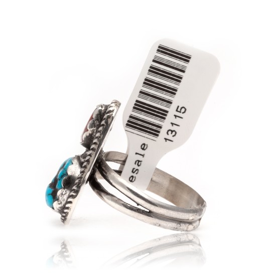 Natural Turquoise and Coral .925 Sterling Silver Certified Authentic Navajo Native American Handmade Ring  390747491802