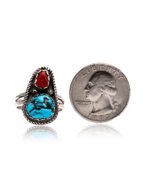Natural Turquoise and Coral .925 Sterling Silver Certified Authentic Navajo Native American Handmade Ring  390747491802