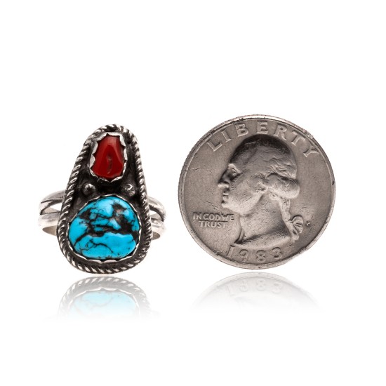 Natural Turquoise and Coral .925 Sterling Silver Certified Authentic Navajo Native American Handmade Ring  390747491802