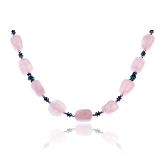 Pink Quartz Natural Turquoise Hematite .925 Sterling Silver Certified Authentic Navajo Native American Necklace 750192