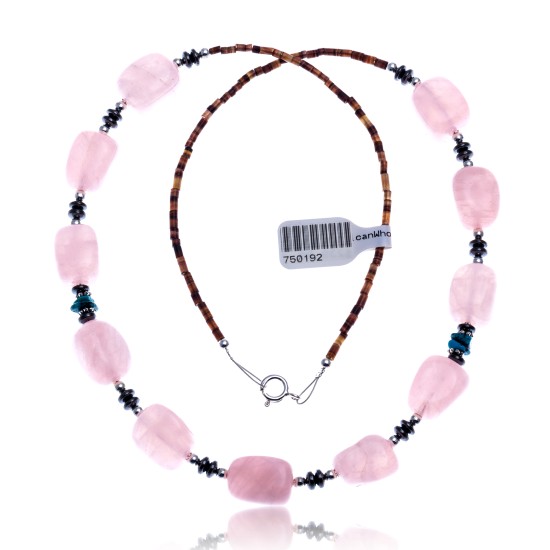Pink Quartz Natural Turquoise Hematite .925 Sterling Silver Certified Authentic Navajo Native American Necklace 750192