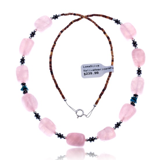 Pink Quartz Natural Turquoise Hematite .925 Sterling Silver Certified Authentic Navajo Native American Necklace 750192