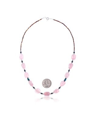 Pink Quartz Natural Turquoise Hematite .925 Sterling Silver Certified Authentic Navajo Native American Necklace 750192