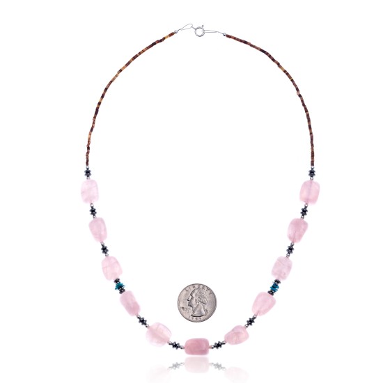 Pink Quartz Natural Turquoise Hematite .925 Sterling Silver Certified Authentic Navajo Native American Necklace 750192