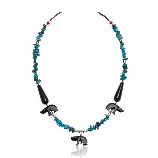Bear Natural Turquoise and Coral .925 Sterling Silver Certified Authentic Navajo Native American Necklace 750226-5