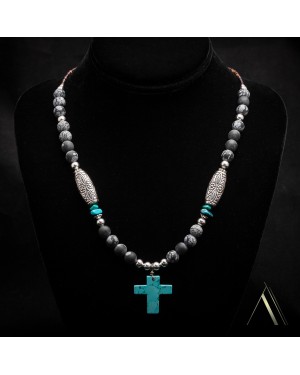 Cross Natural Turquoise Snowflake Obsidian .925 Sterling Silver Certified Authentic Navajo Native American Necklace 750237-8