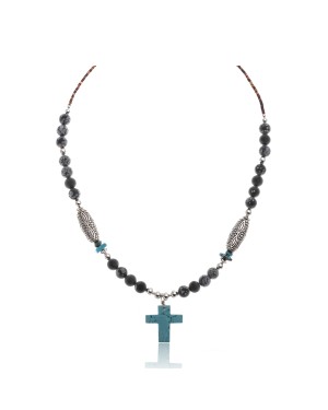 Cross Natural Turquoise Snowflake Obsidian .925 Sterling Silver Certified Authentic Navajo Native American Necklace 750237-8