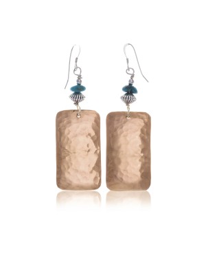 Hammered Pure Copper Certified Authentic Navajo Native American Natural Turquoise Dangle Earrings 97001