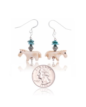 Horse Natural Turquoise and Bone .925 Sterling Silver Hooks Certified Authentic Navajo Native American Dangle Earrings 97002-02