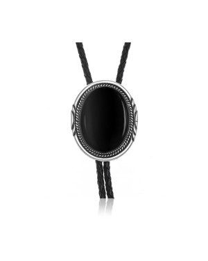 .925 Sterling Silver Certified Authentic Handmade Navajo Native American Black Onyx Leather Bolo Tie 1191-2