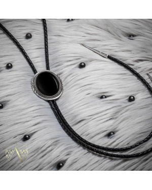 .925 Sterling Silver Certified Authentic Handmade Navajo Native American Black Onyx Leather Bolo Tie 1191-2