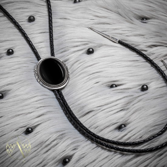 .925 Sterling Silver Certified Authentic Handmade Navajo Native American Black Onyx Leather Bolo Tie 1191-2