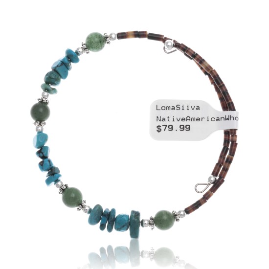 Natural Turquoise and Green Quartz Certified Authentic Navajo Native American Wrap Bracelet 12738-4