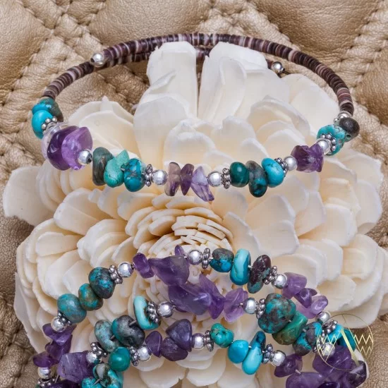 Navajo Native American Natural Turquoise and AMETHYST Adjustable Wrap Bracelet 12739-1 Navajo Native American Natural Turquoise and AMETHYST Adjustable Wrap Bracelet 12739-1