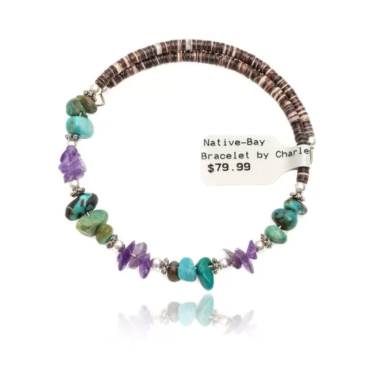 Navajo Native American Natural Turquoise and AMETHYST Adjustable Wrap Bracelet 12739-1 Navajo Native American Natural Turquoise and AMETHYST Adjustable Wrap Bracelet 12739-1