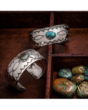 Sun Nickel Certified Authentic Handmade Navajo Native American Natural Turquoise Cuff Bracelet  12877