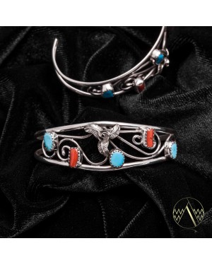 Flower .925 Sterling Silver Certified Authentic Handmade Delicate Navajo Native American Natural Turquoise and Coral Cuff Bracelet  12947-3