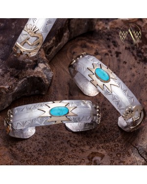 Kokopelli 12kt Gold Filled and .925 Sterling Silver Certified Authentic Handmade Delicate Navajo Native American Natural Turquoise Cuff Bracelet 12966-5