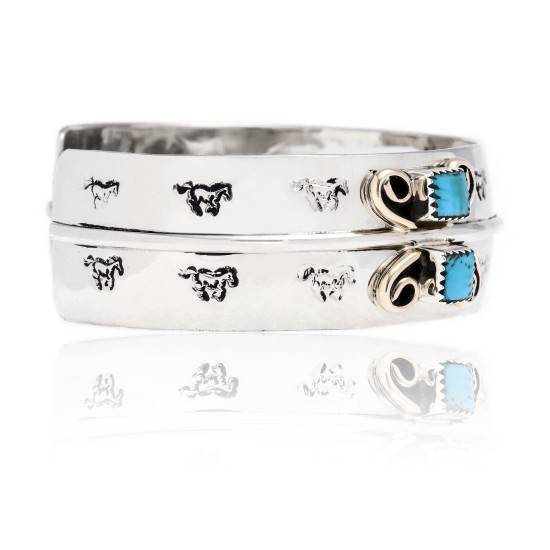Natural Turquoise Nickel Brass Certified Authentic Navajo Native American Handmade Horse Bracelet 13031-5