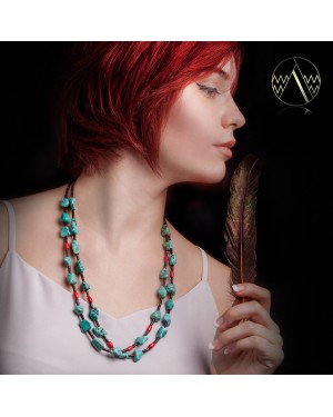 Magnesite and Coral .925 Sterling Silver Certified Authentic Navajo Native American 2 Strand Necklace 15532-7