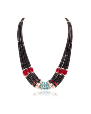 Large .925 Sterling Silver Certified Authentic Navajo Native American Graduated Heishi Natural Turquoise and Coral 3 Strand Necklace 16006
