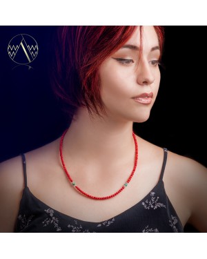 .925 Sterling Silver Certified Authentic Delicate Navajo Native American Natural Turquoise and Red Coral Chain Necklace 16039-3