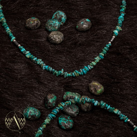 .925 Sterling Silver Certified Authentic Navajo Native American Natural Turquoise and Hematite Necklace  16072