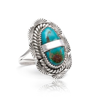 Sun .925 Sterling Silver Certified Authentic Handmade Navajo Native American Natural Turquoise Ring 17007-3