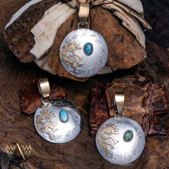 Kokopelli 12kt Gold Filled and .925 Sterling Silver Certified Authentic Handmade Navajo Native American Natural Turquoise Pendant 17042-8