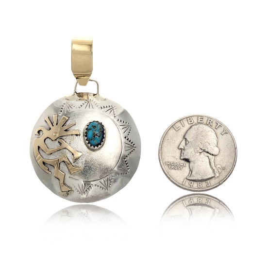 Kokopelli 12kt Gold Filled and .925 Sterling Silver Certified Authentic Handmade Navajo Native American Natural Turquoise Pendant 17042-8